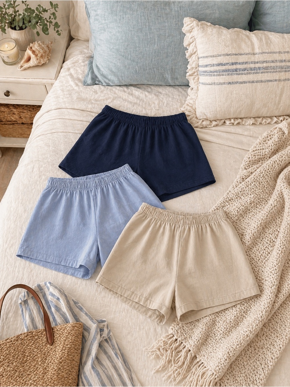 Coastal Grandma Shorts Trio - 2XL Neutral Elastic Waist  Navy, Light Blue, Beige